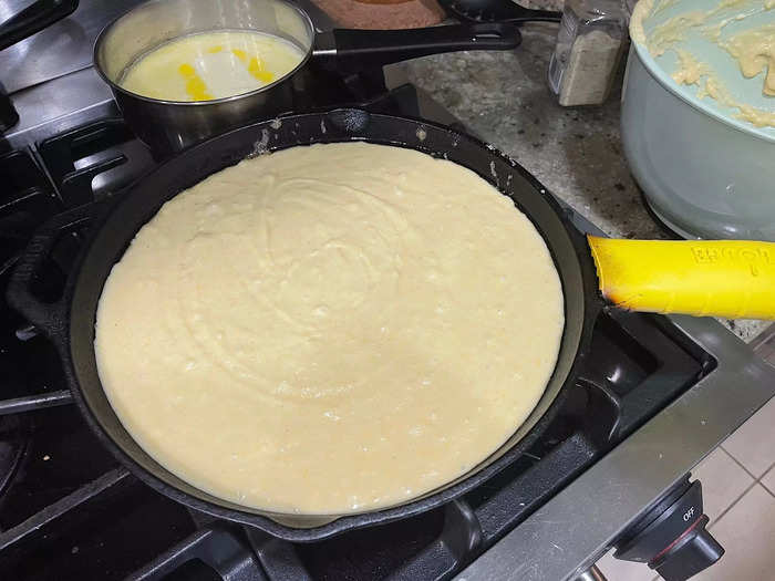 I smoothed the top, sprinkled it with sea salt, and threw the cast iron skillet into the oven.