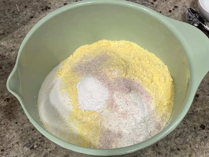 I added my flour, sugar, and cornmeal into a separate bowl.