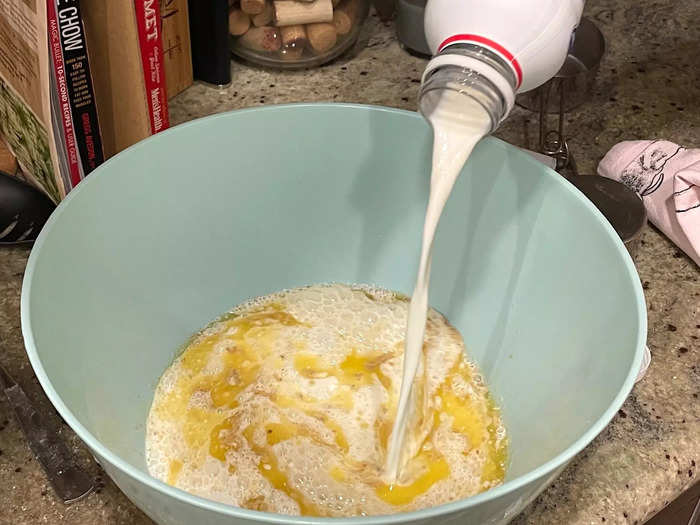 Once the butter was ready, I poured it into a medium-sized bowl and added my milk.