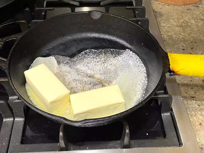 I began by melting my butter in a 10-inch cast iron skillet over medium heat.