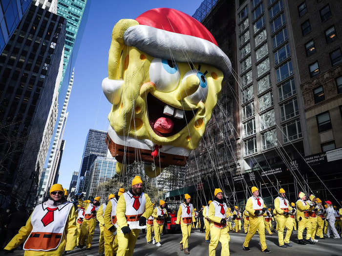 2018: SpongeBob Squarepants flew down the street sporting a Santa hat.