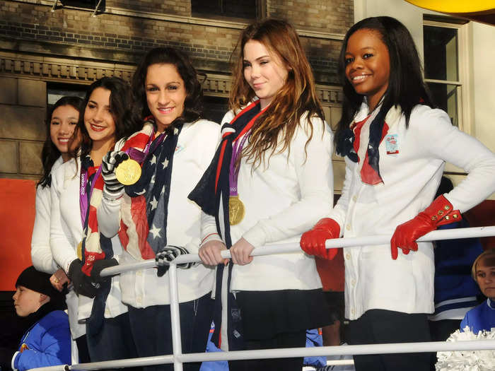 2012:  US Olympic gymnasts Kyla Ross, Aly Raisman, Jordyn Wieber, McKayla Maroney, and Gabby Douglas of the "Fierce Five" sported their gold medals from the London Olympics.