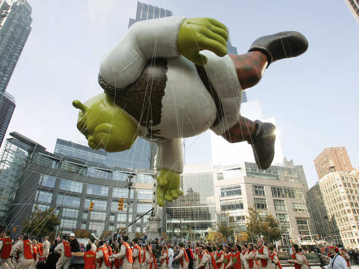 2007: Shrek floated above the city in all of his glory.