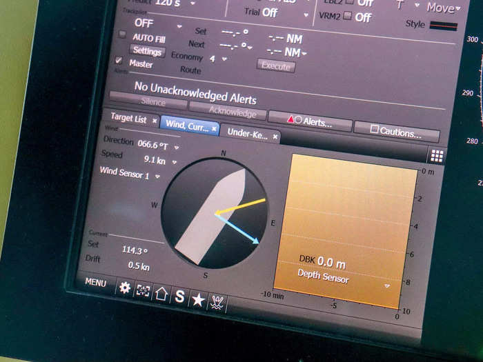 On the side of the screen is a gauge that identifies the wind direction and its speed. Ships the size of the Marco Polo have a wind sail that can affect their course, especially while sitting idle at anchor.