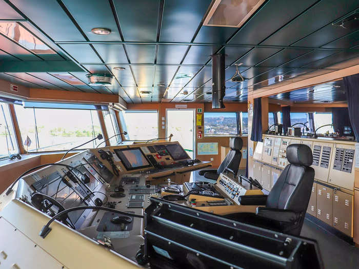 The very top floor of the tower is the "navigation deck" which houses the bridge, also known as the wheelhouse, from where the ship is piloted.