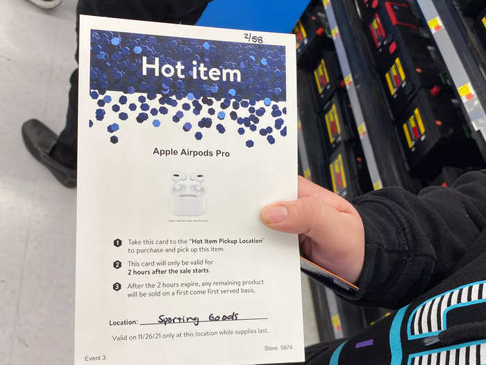 Once inside, the Walmart employees explained, the customer would take the card to the designated store area and retrieve their item. The item would be held for the customer for two hours, at which point the hold would be released and the item would be available for purchase to the general public.