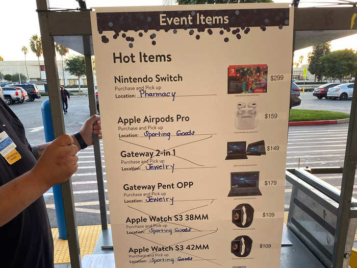 The poster featured the prices of the items as well as the part of the store in which they could be found. The employees wheeling the cart took time to explain the deals. If a customer wanted one of the deals, the employee handed them a card, which guaranteed the item.