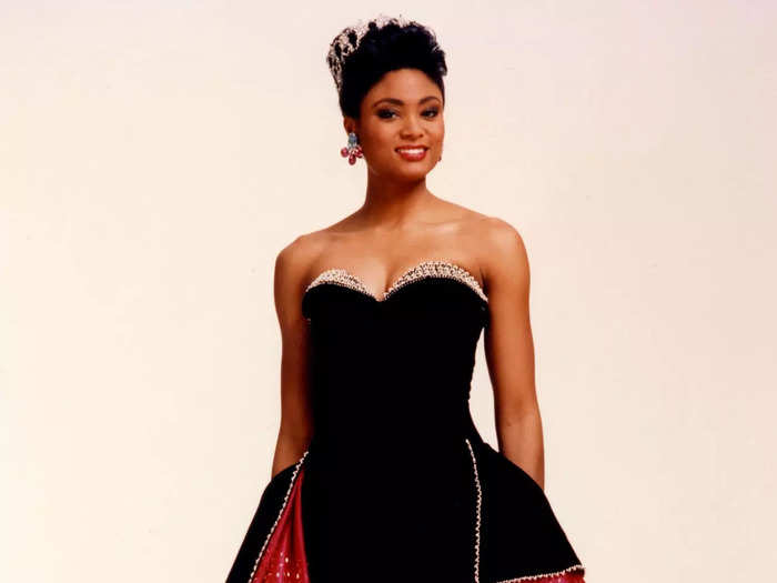 Carole Gist won Miss USA in 1990 in a black-and-red dress with jewels sewn along the hems and sweetheart neckline.