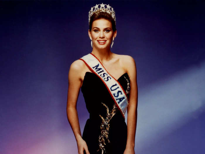 Courtney Gibbs competed as Miss Texas and was eventually crowned Miss USA in 1988, wearing a dress with a dramatic thigh-high slit.