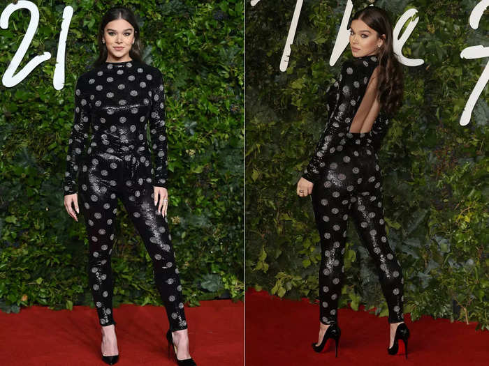 Hailee Steinfeld looked fabulous in what looks like a simple black jumpsuit with silver dots at first glance.