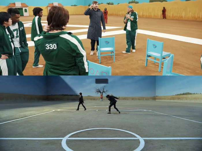 Although MrBeast switched out musical chairs for the final game of the show in the series, the eponymous "squid game," the video recreated the set and game pattern on the dirt ground.