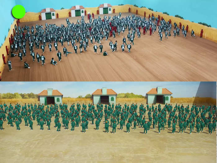 The first set in the MrBeast video replicates the dirt field where contestants play a Korean game similar to "red light, green light" in the show.