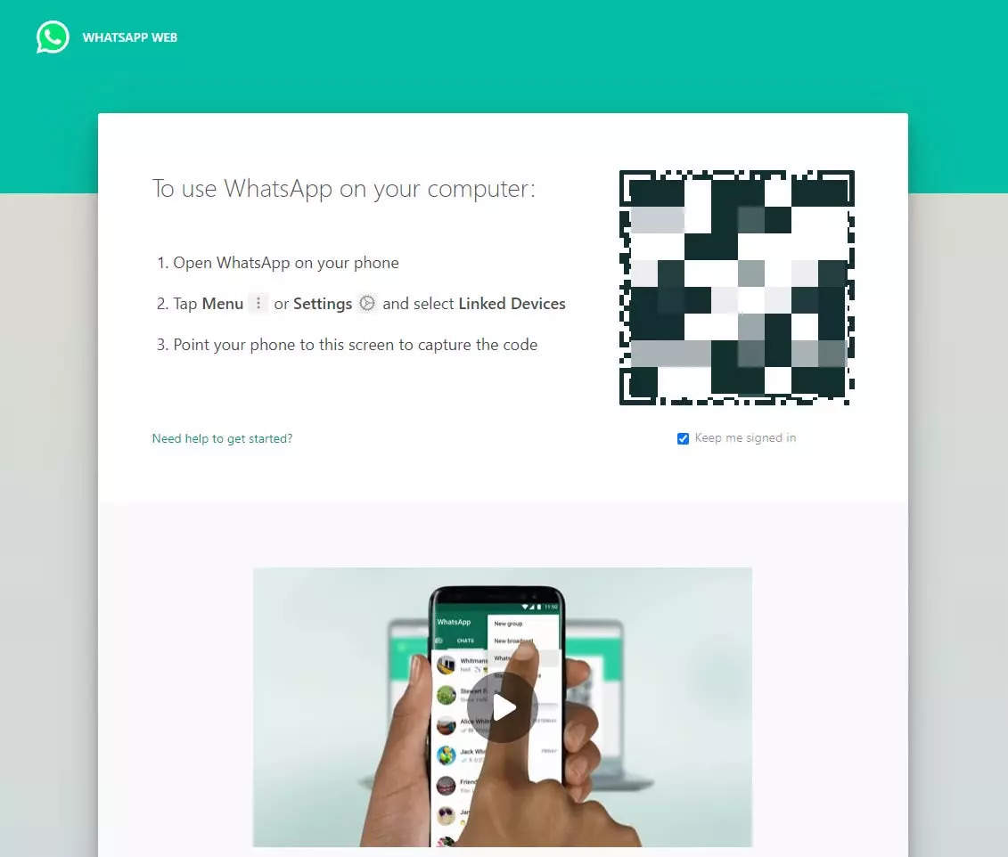 WhatsApp web qr code page in Chrome