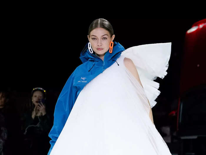 Hadid also closed the Off-White Fall/Winter 2020/2021 Paris Fashion Week Womenswear show in a white tulle gown and partial hoodie.