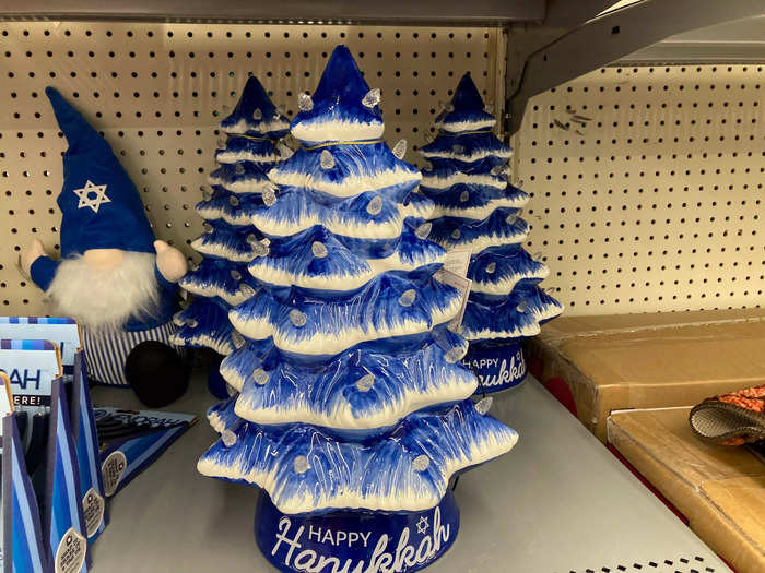 Some of the Hanukkah decorations veered into Christmas territory, like ceramic light-up Hanukkah trees and Hanukkah gnomes reminiscent of Santa Claus.