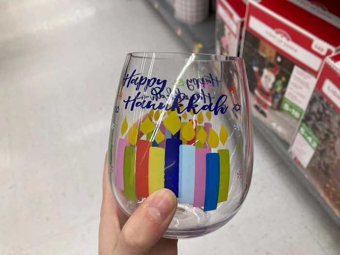 Hanukkah-themed stemless glasses, which were actually plastic, retailed for $1.97.