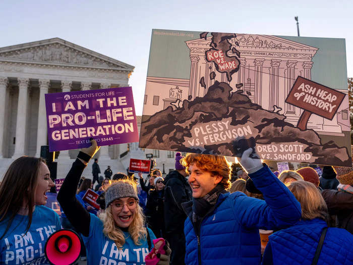 Abortion opponents chanted "hey hey, ho ho, Roe v. Wade has got to go" outside of the Supreme Court.