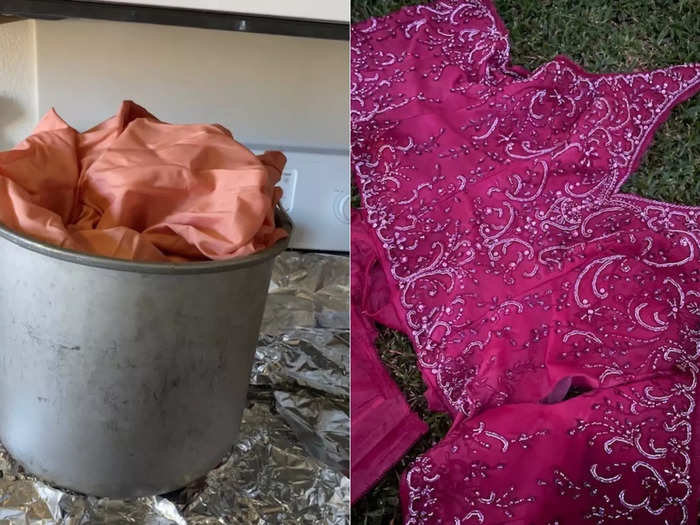 She decided to try dyeing the dress on top of the stove so the water would stay hot.