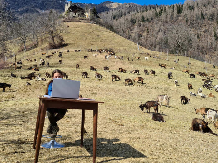 Other photos capture unusual sightings, like a student attending online school from a desk set up among her father