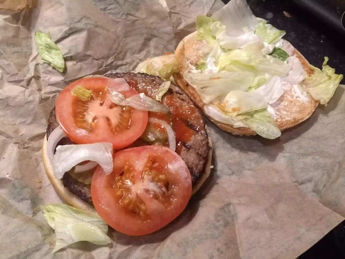 The burger came with lettuce, onion, ketchup, tomato, vegan mayo, and pickles. Its patty tasted a little more meaty and barbecuey than McDonald