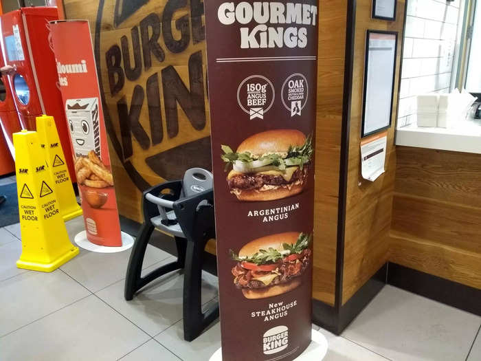 There was also a sign advertising its two new "gourmet" burgers, which the company rolled out in October. Its focus on plant-based and gourmet food suggested that it was trying to move away from its image as just another cheap fast-food joint.