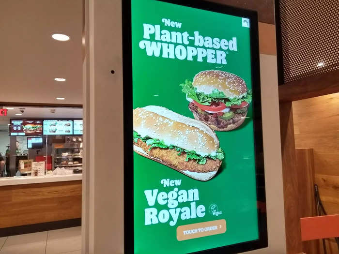 Burger King was heavily promoting its vegan burgers in store, as well as its halloumi fries. Fast-food chains have been competing for a bigger share of the plant-based market, and McDonald