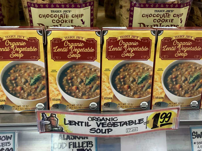 The organic lentil-vegetable soup is a tasty lunch option.