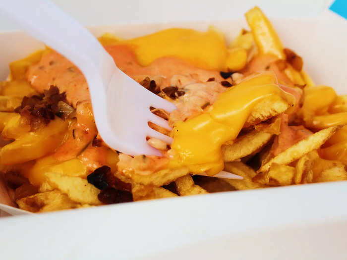 The fries were covered in cheese, which was perfectly melted, and the other toppings.