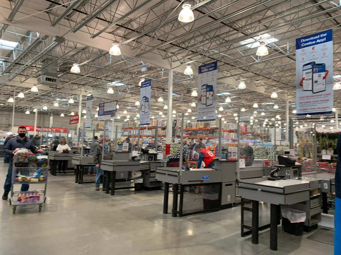 There are probably about 15 checkout lanes staffed by Costco workers, plus a few self-checkout lanes.