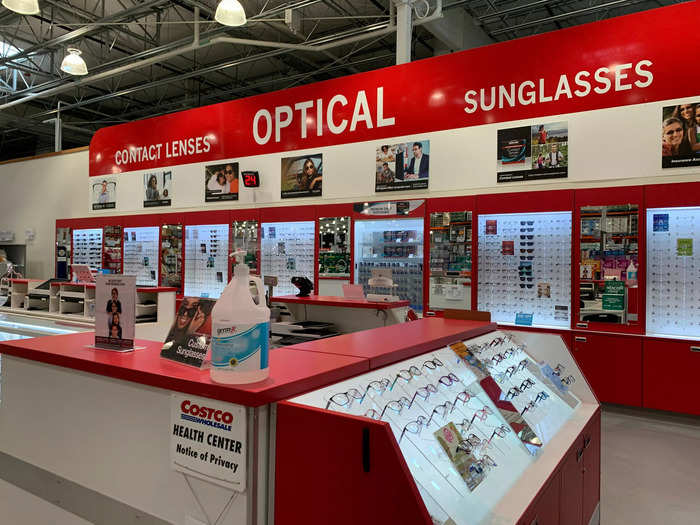 An optical section looks like any standalone eyeglasses store, with hundreds of pairs to try on.