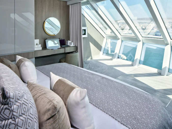 The primary bedroom is just off the living room, and has a king-sized cashmere mattress that faces a wall of windows so guests can wake up to unobstructed views of the ocean.