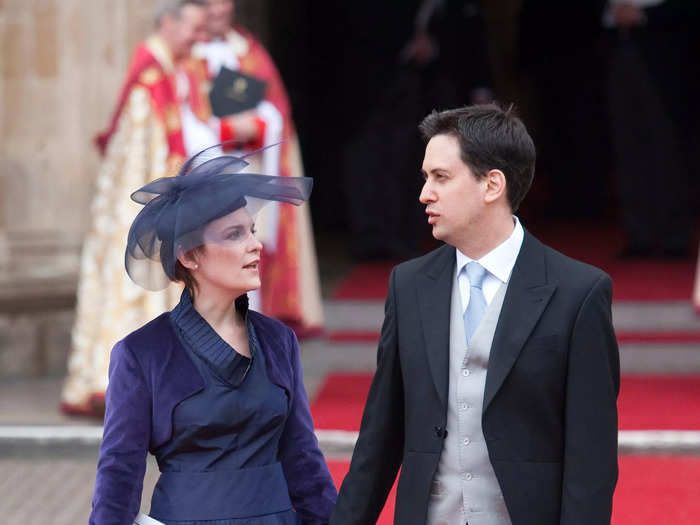 At the wedding, then-leader of the Labour Party Ed Miliband and his wife, Justine Thornton, matched in cool tones.