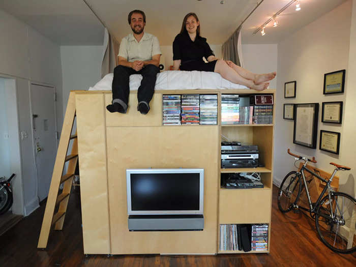 In Brooklyn, New York, one couple turned their 460-square-foot studio apartment into a modular live-work loft, according to Apartment Therapy.