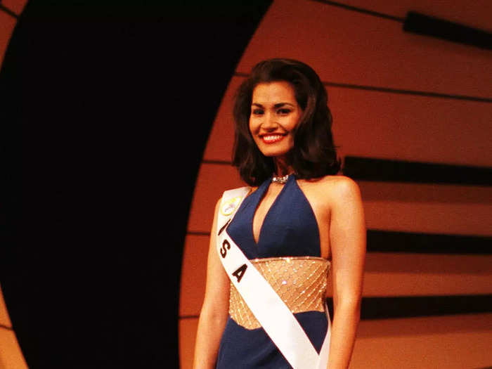 Brook Lee, who represented the USA in 1997, won the crown in this dress designed with a sheer torso.