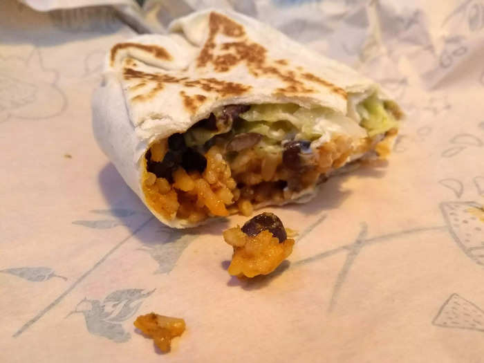 The main thing the burrito was lacking was a bit of a kick, such as using salsa rather than diced tomatoes. At Taco Bell in the US some burritos are available in two versions, with one described as "spicy," but this wasn