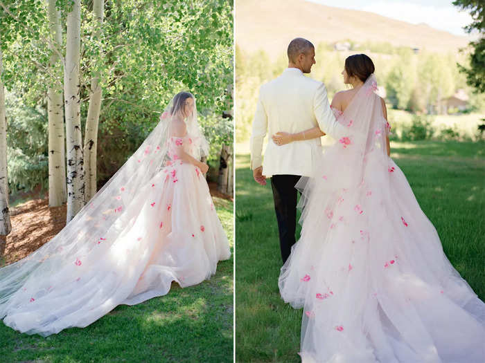 Splashes of color brought an element of fun to many wedding gowns.