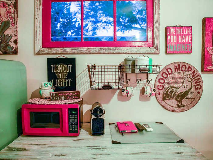 There was a table next to the bedroom, and I thought it was clever of the owners to put crates on the walls for more storage space.