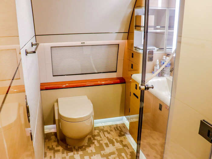 This Boeing aircraft features two showers, one in each passenger bathroom, in a testament to how much space is available to owners.