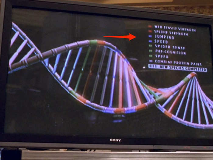 The screen with the DNA of the new spider species lists several skills of the genetically modified spiders, which Peter will also go on to gain.