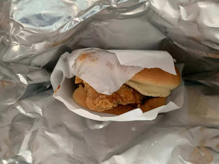 Like its counterparts at Popeyes, the sandwich comes in foil that keeps it warm.