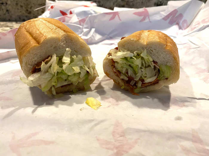 The BLT hoagie was filled with crunchy bacon, juicy tomatoes, and shredded lettuce.