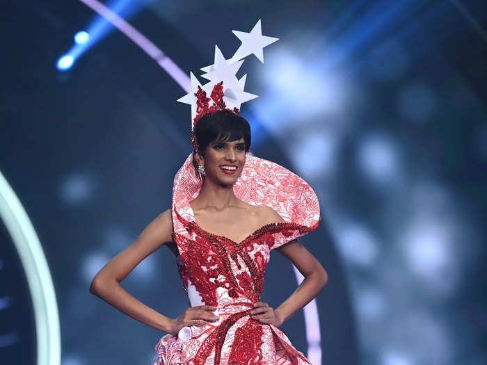 Nandita Banna of Singapore wore a dress that was covered in an intricate pattern.