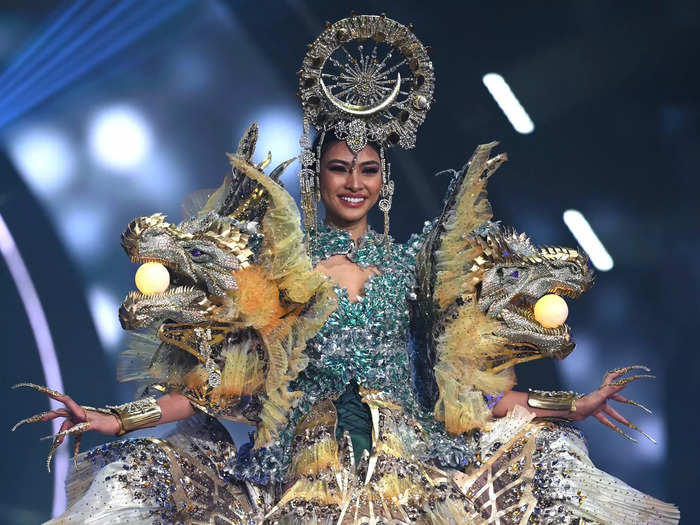 Miss Philippines Beatrice Luigi Gomez dressed as a dragon during the National Costume Show.