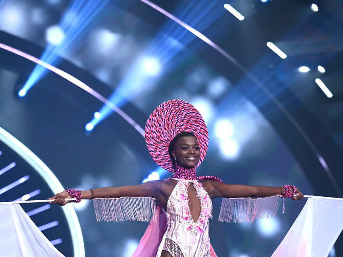 Miss Namibia was pretty in pink with a daring leotard.