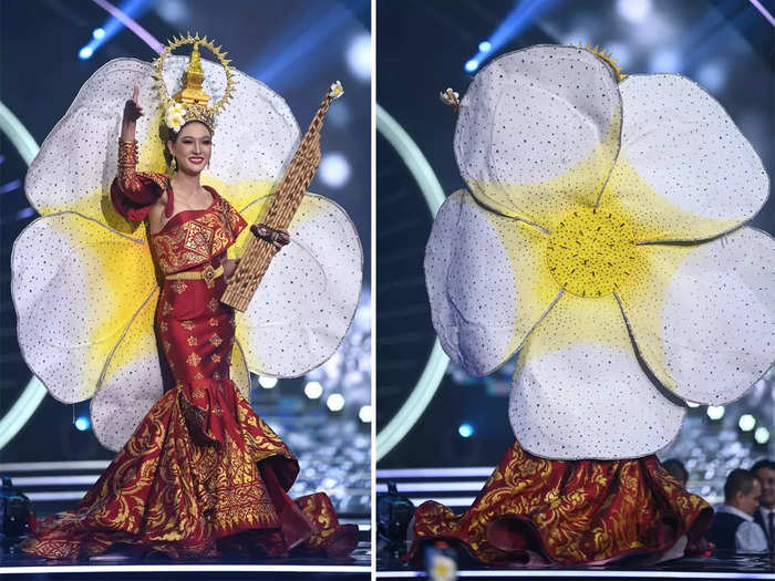 Miss Laos incorporated numerous cultural symbols into her outfit.