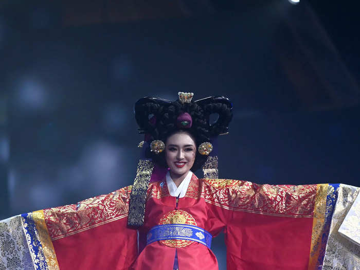 Miss Korea Jisu Kim wore a traditional outfit for her time onstage.