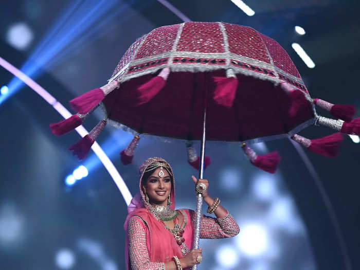 Miss India Harnaaz Sandhu carried an umbrella to represent the multifaceted women of her home.