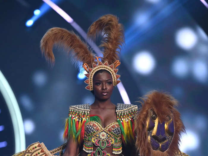 Miss Cameroon Michèle-Ange Minkata stunned in a multicolored ensemble covered in beads.