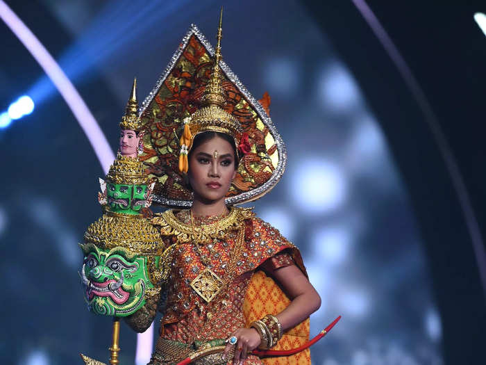 Miss Cambodia Marady Ngin wowed in a red, green, and orange national costume that paid tribute to Khmer cultural art.