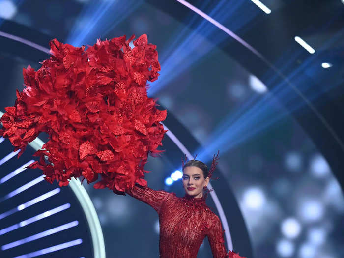 Miss Brazil Teresa Santos sported a striking all-red ensemble as she walked the Miss Universe stage.